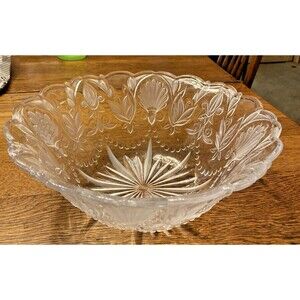 Fifth Avenue Crystal Bowl 11” Clear, With Frosted Leaves & Plume-Made in Japan